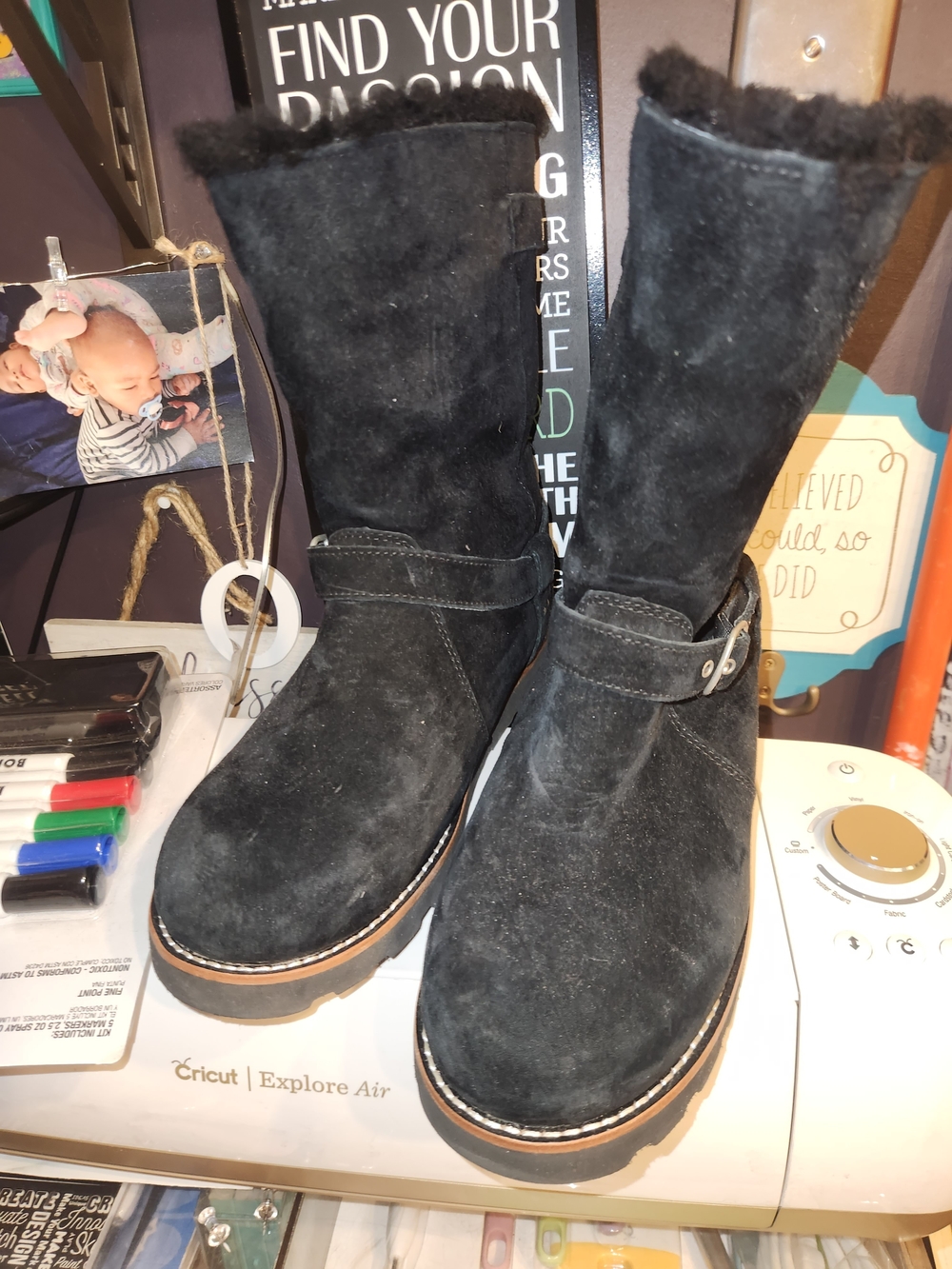 UGG Black Suede Mid-Calf Shearling-Trim Buckle Boots